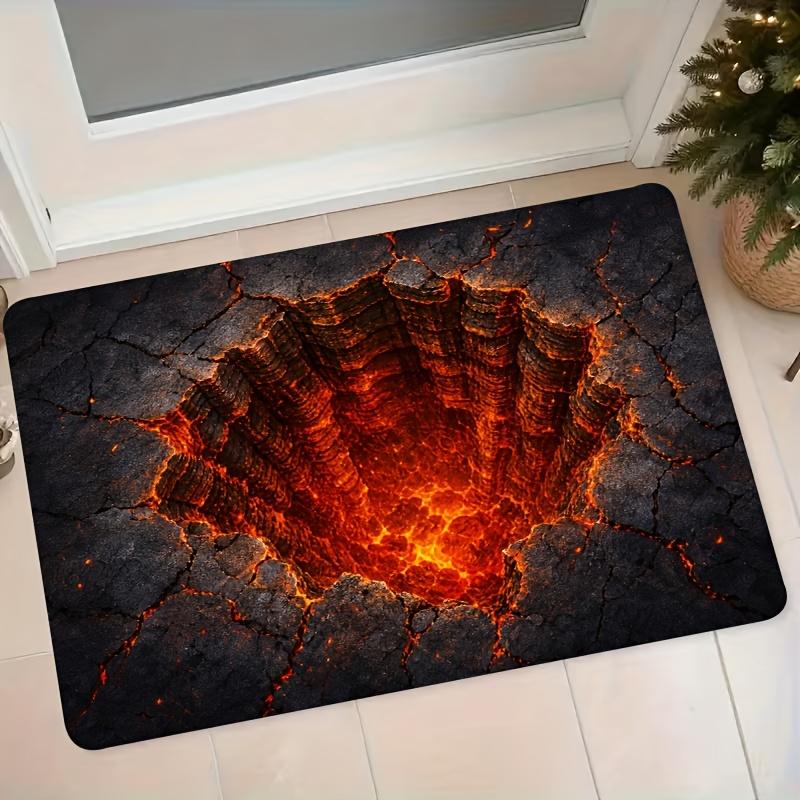 1pc 3D Magma Crack Cave Visual Creative Flannel Floor Mat, Non-Slip Absorbent Doormat for Entryway, Foyer, Bathroom, Kitchen, Bedroom, and Bedside, Du