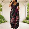 Women Plus Size Round Neck Short Sleeve Abstract Printed Loose Maxi Dress With Side Pockets