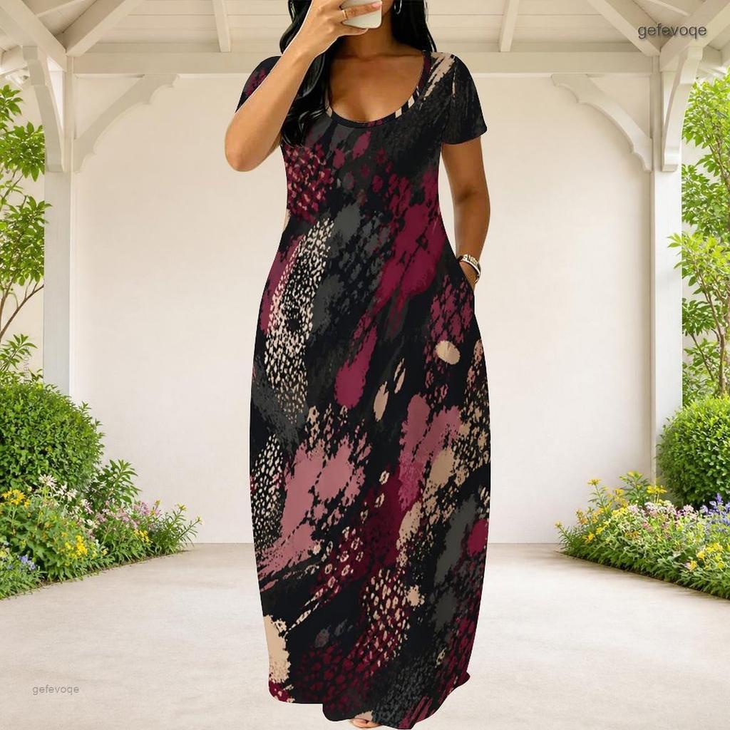 Women Plus Size Round Neck Short Sleeve Abstract Printed Loose Maxi Dress With Side Pockets