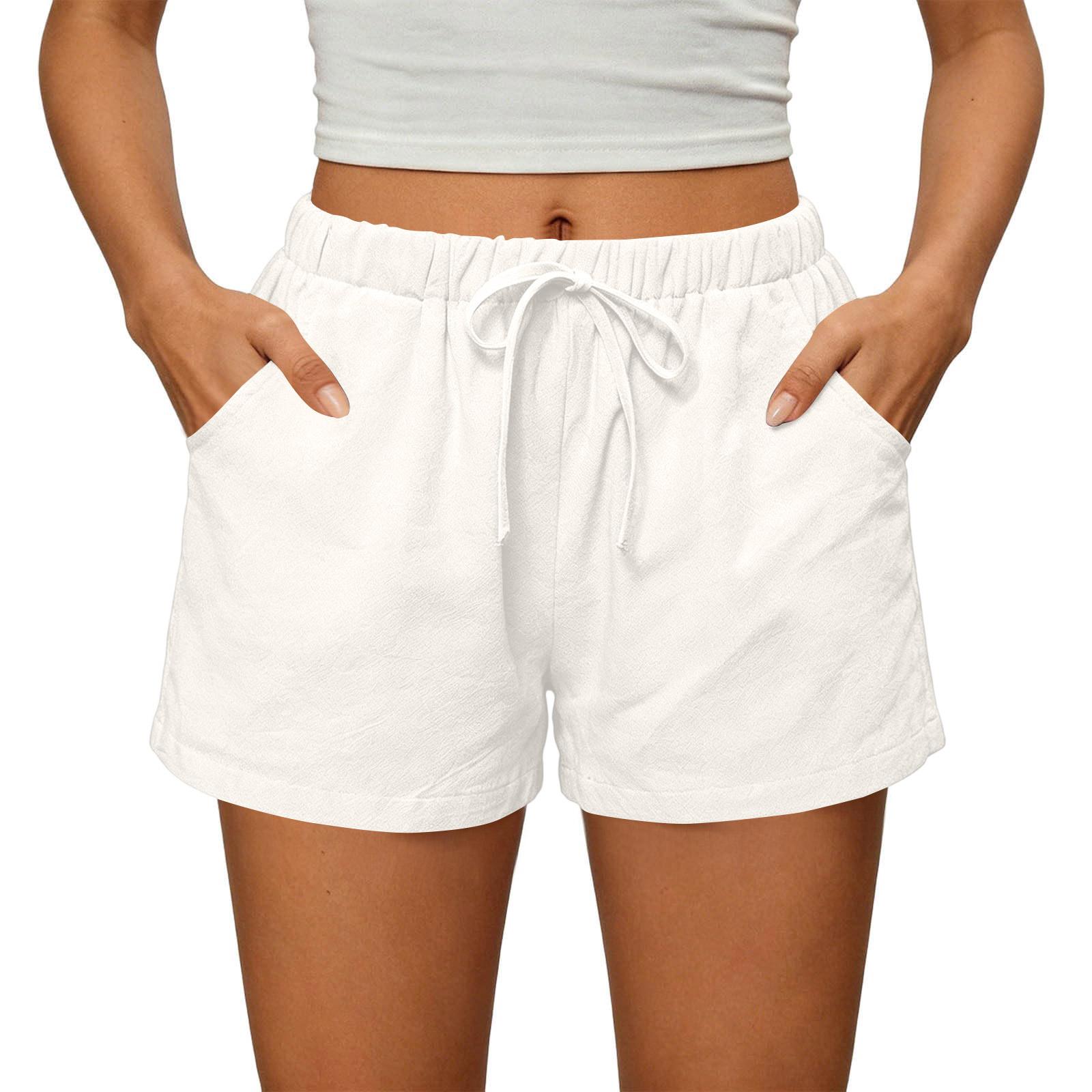 Damen Shorts Lässig Elastisch Hohe Taille Kordelzug Shorts Mit Taschen M weiß