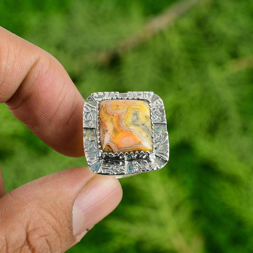 Natural Crazy Lace Agate Gemstone Promise Adjustable Ring 925 Silver For Girls