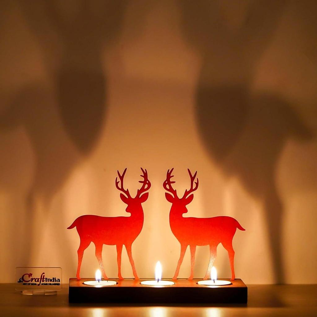 Reindeer Showpiece Decorative Tea Light Candle Holders (Wooden, Red) | Christmas Decoration Items for Home Office | Christmas Ornaments Props