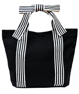 UNIVERSTOCK Mini Canvas Tote Bag with Ribbon, Perfect for Women, Lightweight and Elegant, Korean Style, Cute, Compact, Natural Black and White,