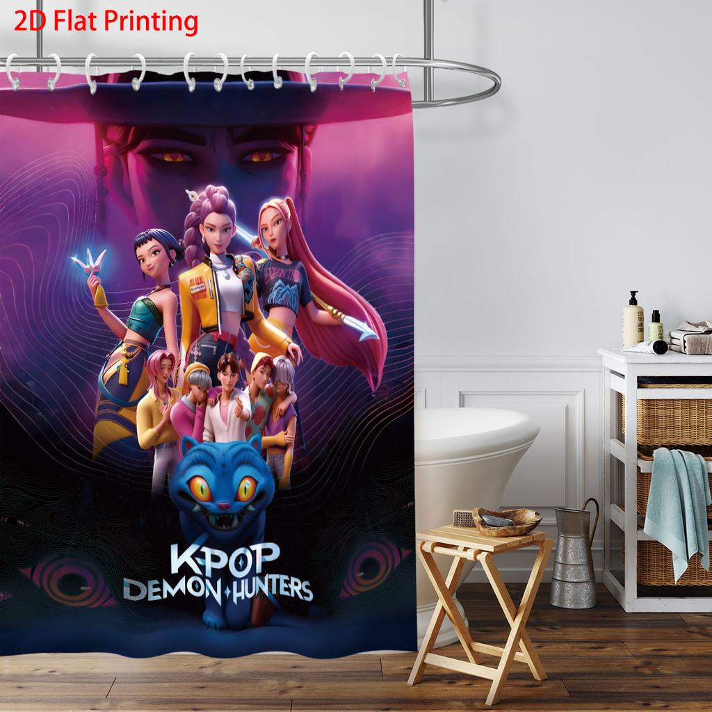 1pc K-Pop Demon Hunters print waterproof shower bathroom partition privacy hanging curtain with 12 hooks easy installation
