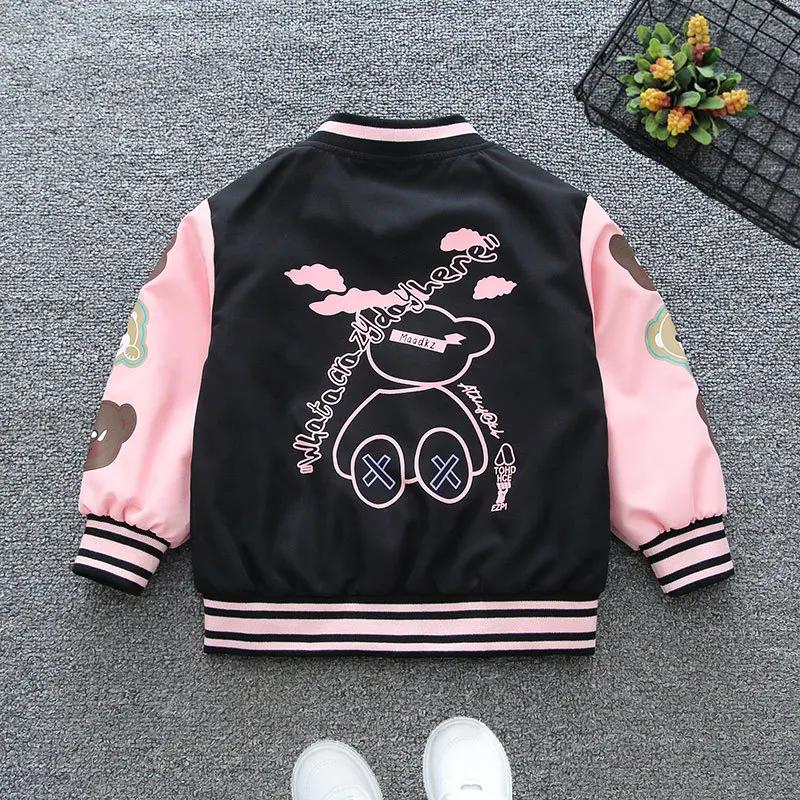 Spring Autumn Boys Girls Jacket Cartoon Bear Letter Print Baseball Uniform Children Sports Outerwear