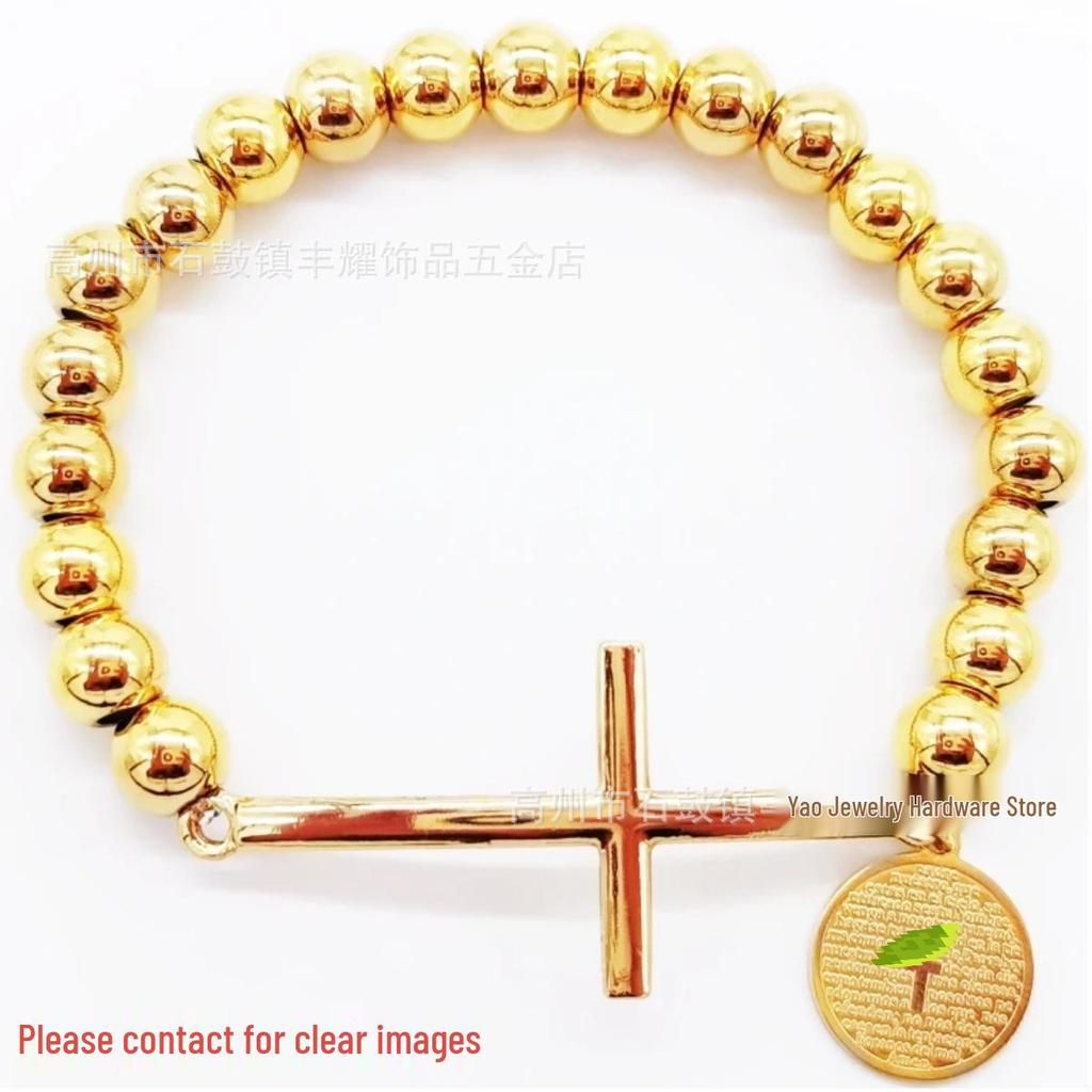 8mm Random Three-Color Bead Stainless Steel Handcrafted Cross Bracelet