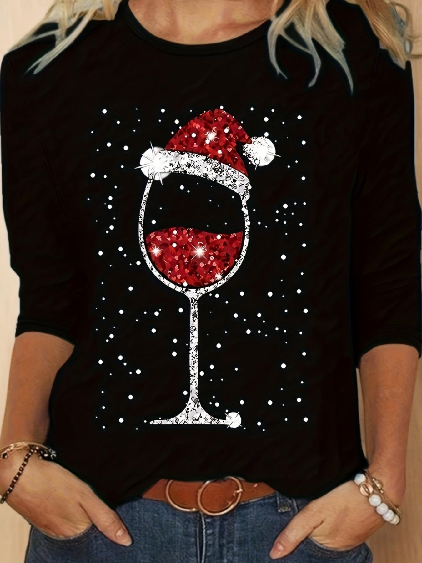 

Christmas Wine Glass Santa Hat Pattern Print Round Neck T-Shirt, Spring And Autumn Casual Long-Sleeved Tops, Women S Clothing XL