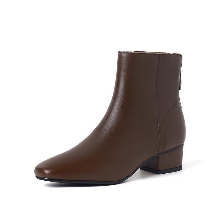 Leather Short Boots 2025 Autumn and Winter New Bare Boots Brown Thick Heel Rear Zipper Women's Leather Boots Foreign Trade Black Fashion Boots