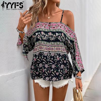 Women's Fashion Casual Spring Autumn Flower Pattern Print Long Sleeve One Shoulder Blouses & Shirts