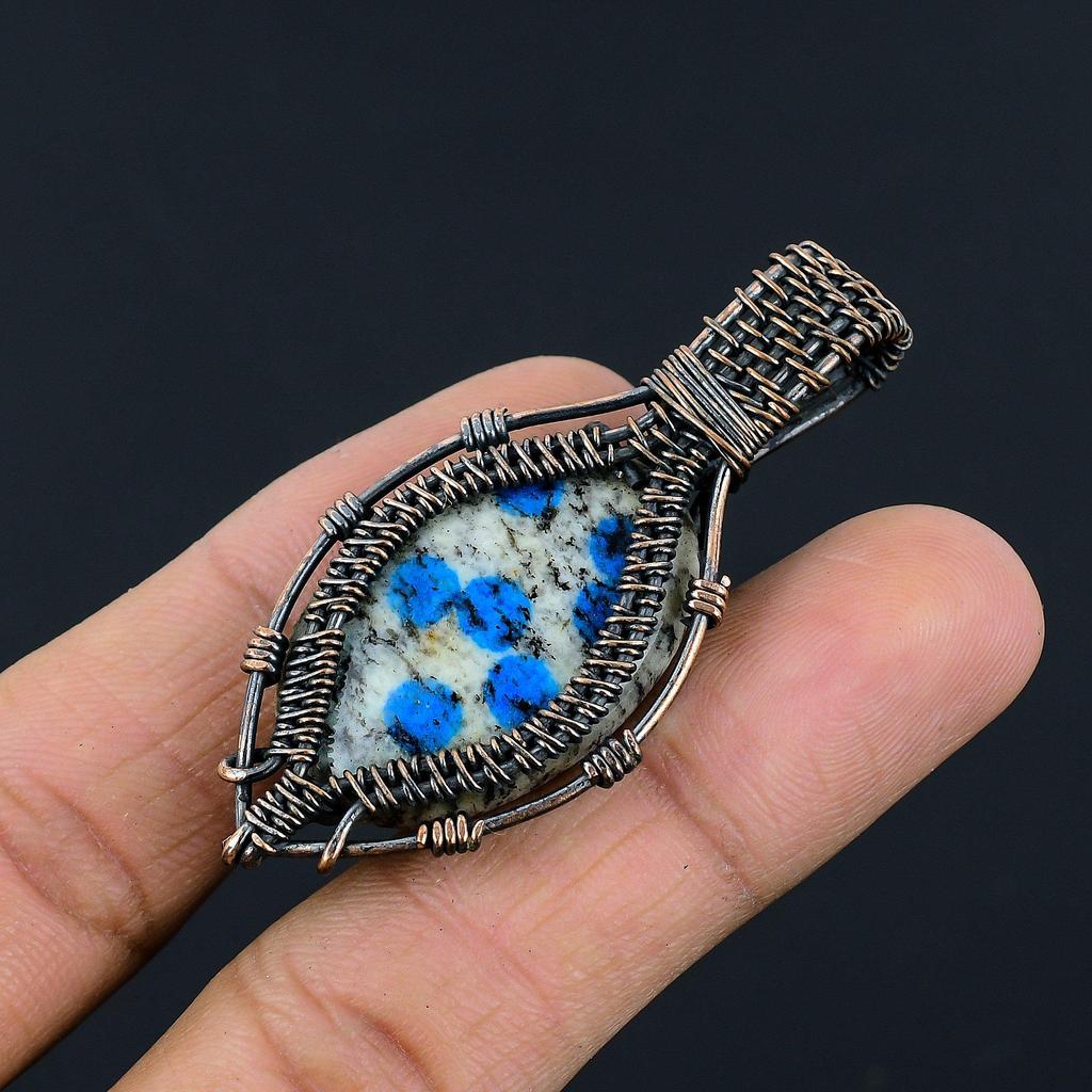 K2 Azurite Pendant, 999 Copper Wire Wrapped Gemstone Jewelry, Handmade Pendant, For Thanksgiving