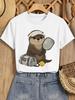 Ladies Elegant Style Gift Cute Otter Pick Ball Cartoon Fun Printed Pattern Retro Round Neck Tshirt Commuter Womens Wear
