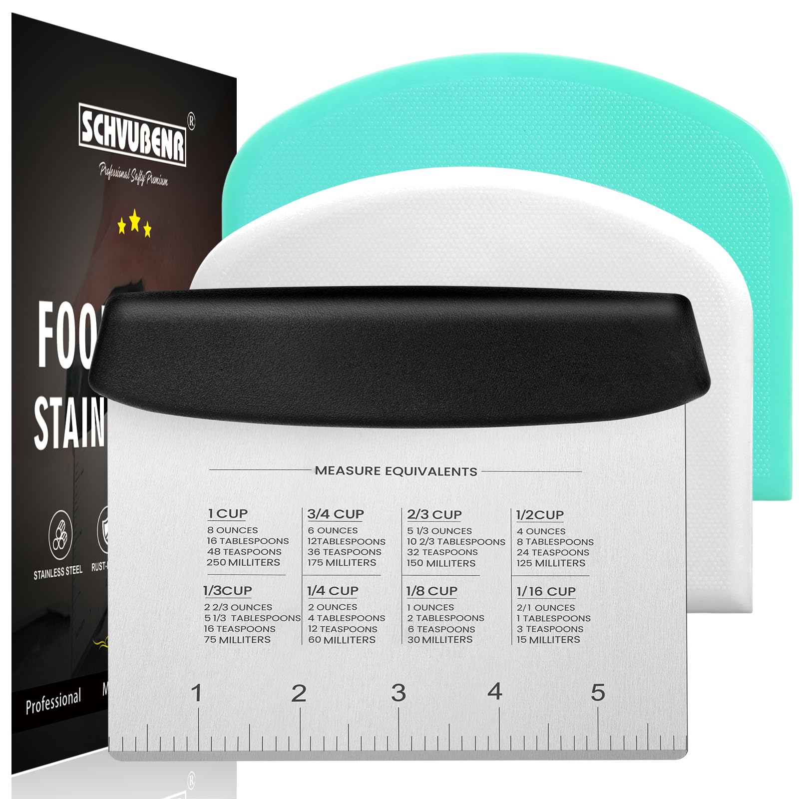 SCHVUBENR Dough Scraper Set with 2 Flexible Bowl Scrapers - Stainless Steel Dough Cutter & Bench Scraper with Measuring Scale - Versatile Kitchen