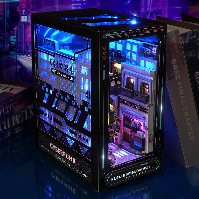 Bücherregal-Set Puppenhaus Holz Beleuchtet DIY Buchnische Bausatz 3D Puzzle Zusammenbau Gebäudemodell Buchstützen Geburtstagsgeschenke für Erwachsene