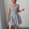 European and American Women's Clothing New Fashion Casual Striped Sleeveless Diagonal Neck Dress