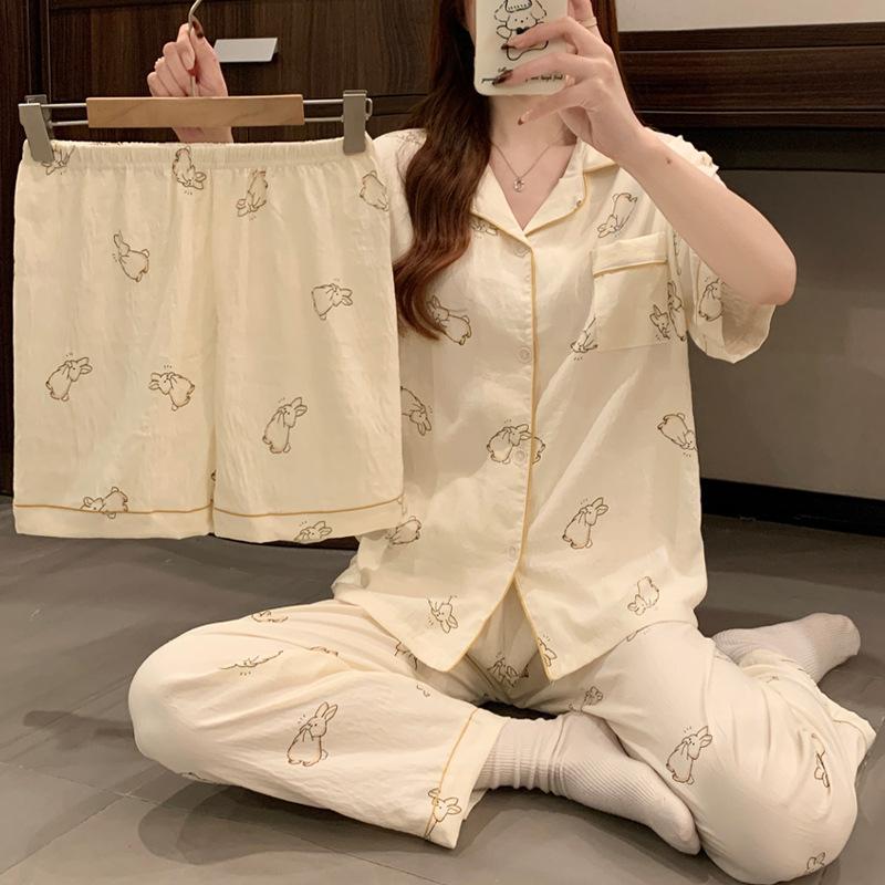 Cloud Cotton Short-Sleeved Three-Piece Pajamas Women'S Summer Soft Cute Rabbit Girl Loose And Comfortable Loungewear