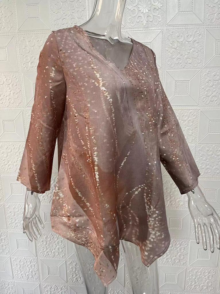 2024 Women's Plus Size Casual V-Neck Long Sleeve Printed Top