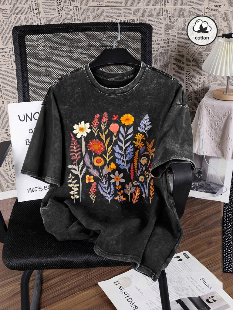 Beautiful Flowers And Ferns Prints Washed TShirts Women Cotton Oversized T Shirt Summer Short Sleeve Tops Casual ONeck Clothes