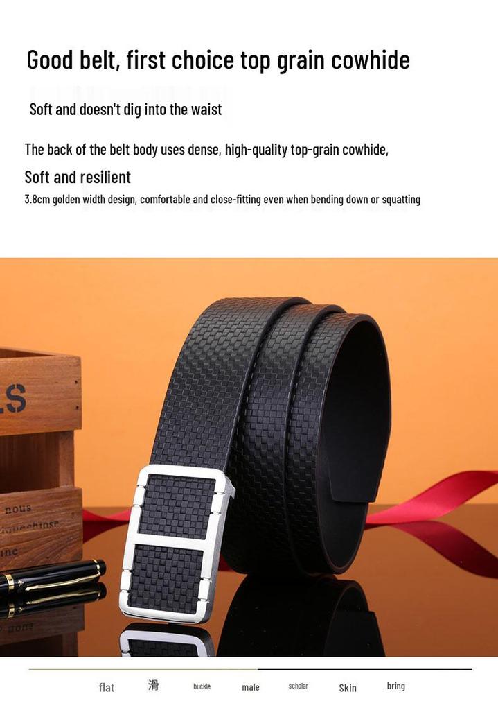 Men's Plaid Genuine Leather Belt, Pure Cowhide with Steel Smooth Buckle – Youth Business Casual Style