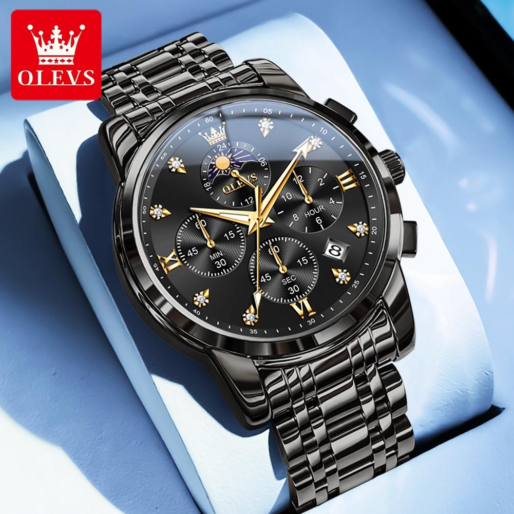 

OLEVS 3655 Moon Phase Classic Three Eye Dial Men s Watch Stainless Steel Watch for Male Butterfly Buckle Waterproof Quartz watch