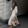 European and American Casual Loose Cotton and Linen Dress Women's Summer Vacation Style Ramie Bubble Sleeve V-neck A-shaped Skirt Beige Long Dress