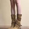 Women's Retro Suede Pointed Toe Knight Boots with Buckle, Chunky Heel, and Two-Wear Western Style