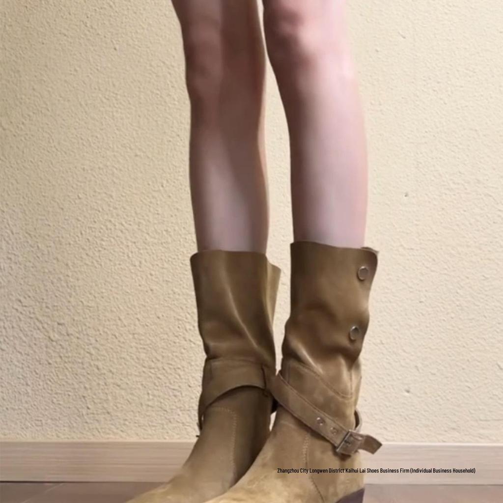 Women's Retro Suede Pointed Toe Knight Boots with Buckle, Chunky Heel, and Two-Wear Western Style