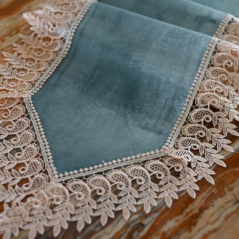 Peacock Green Velvet Table Runner with Gold Lace - Modern Nordic Design for Dining or Coffee Tables