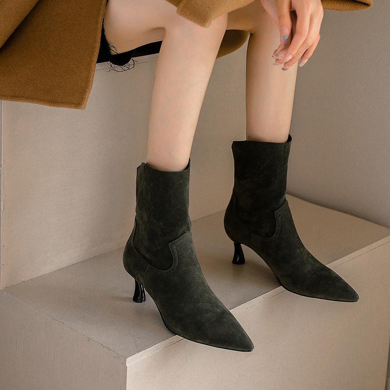 Women's high-heeled short boots spring and autumn pointed-toed thin-heeled simple large-size short boots