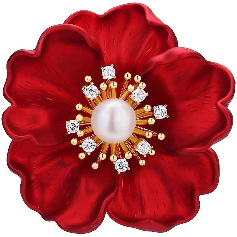 Elegant Chinese Red Peony Pearl Brooch for Women's Coats