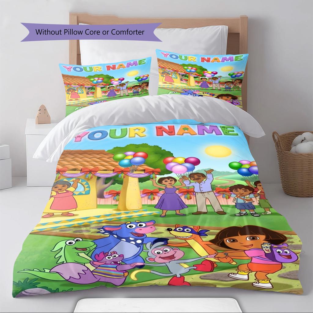 Name Custom Explorer Dora Pattern Bedding Set Quilt Cover Pillowcase Home Decor Gift (1 * Duvet Cover + 2 * Pillowcase, Without Core)