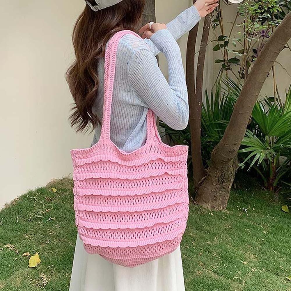 Sweet Crochet Shoulder Bag Large Capacity Seaside Vacation Handbag Knitted Tote Bag  Summer