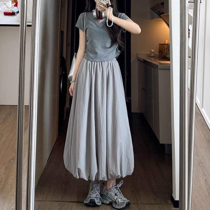 

Puffy -shaped Midi Skirt, Casual Elastic High-waisted A-line Long Skirt XL світло-сірий колір