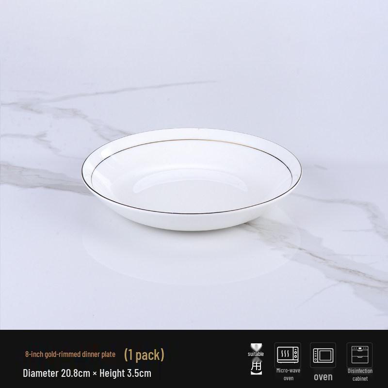 Ceramic Gold Rim Bone China Tableware Set - Microwave Safe Deep Plate, Rice Bowl for Home and Hotel Use.
