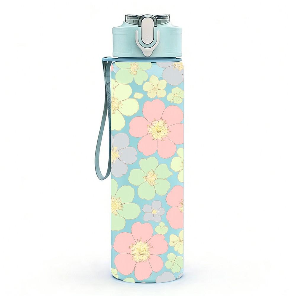 1PC Soft Pastel Floral Seamless Print 750ml Color Plastic Sports Water Bottle Leakproof Flip Straw Lid Suitable for Sports Office Home Use
