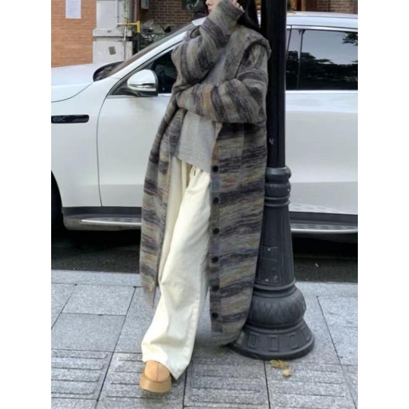 

Осень и зима новая расцветка полосатый свитер кардиган женский средней длины вязаное пальто ленивое свободное пальто с капюшоном One Size