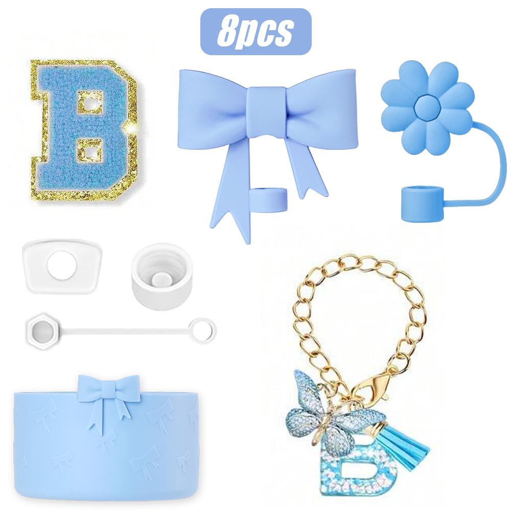 8-teiliges Tassenzubehör-Set für Stanley Cup 30oz 40oz, A-Z Initialen Dekorationen, inklusive Silikon-Strohhalmkappe, Aufkleber