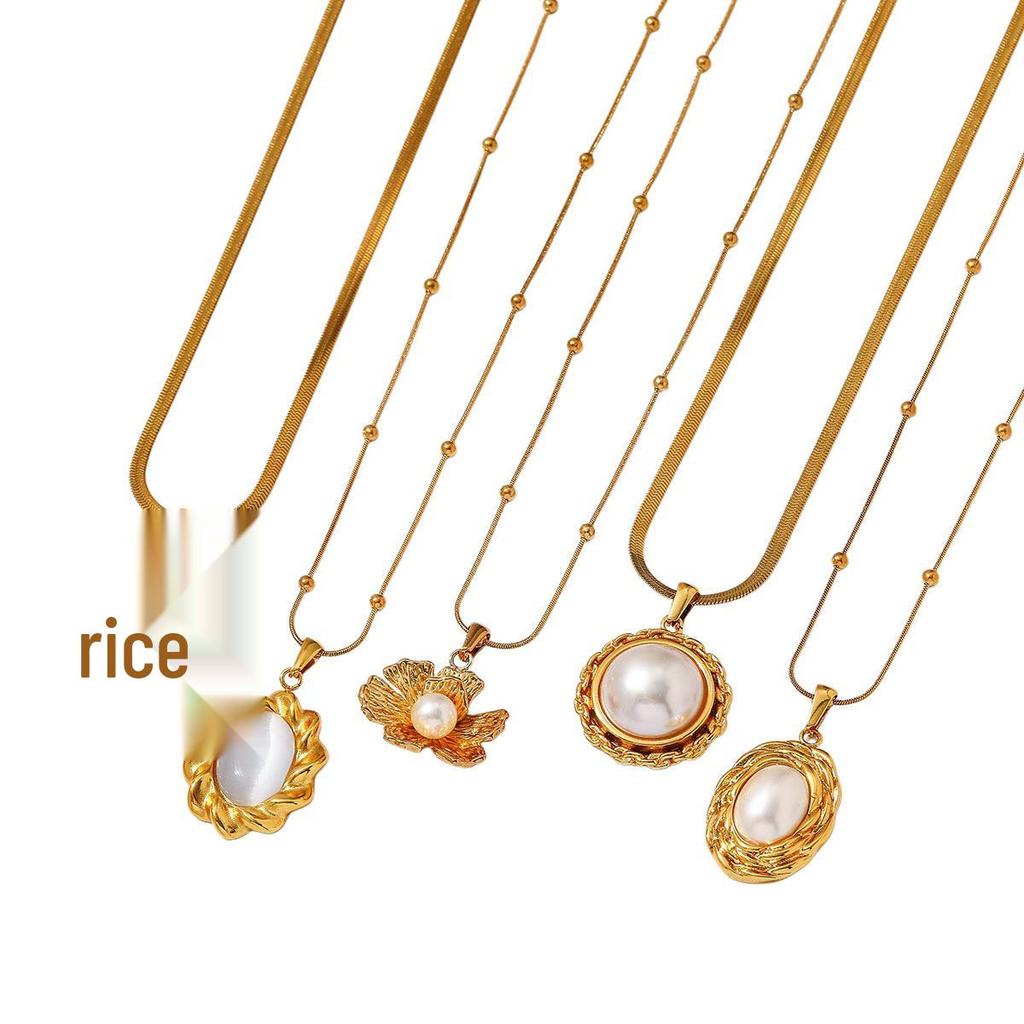 Waterproof Titanium Steel Pearl Flower Pendant Necklace