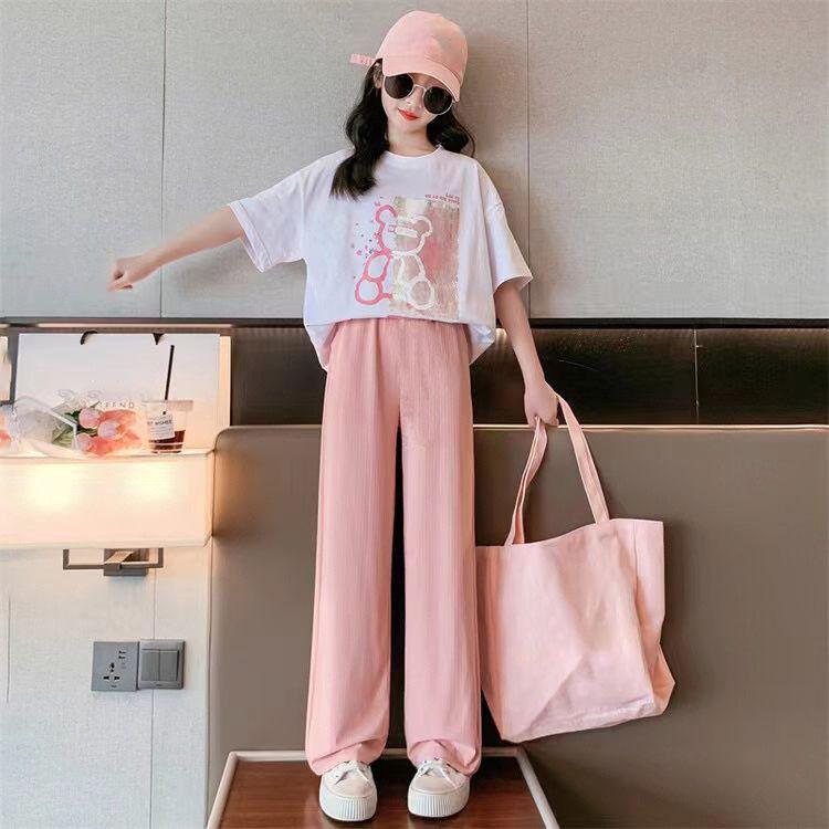 summer spring Teenager Clothes Children Set loose bear short white T-shirt + straight Pant Suit tracksuit 5 to 12 year