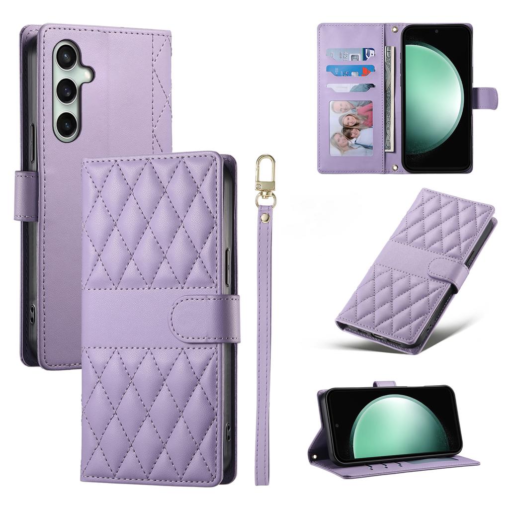 For Samsung Galaxy S25 FE Case Rhombus Stitching Wallet Stand Leather Phone Cover with Long/Short Strap