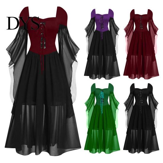 Wave Collar Dress Vinatge Women Irregular Horn Sleeve Solid Color A-line Big Hem Slim Square Neckline Waist Pleated Lace-up Strap Medieval Halloween