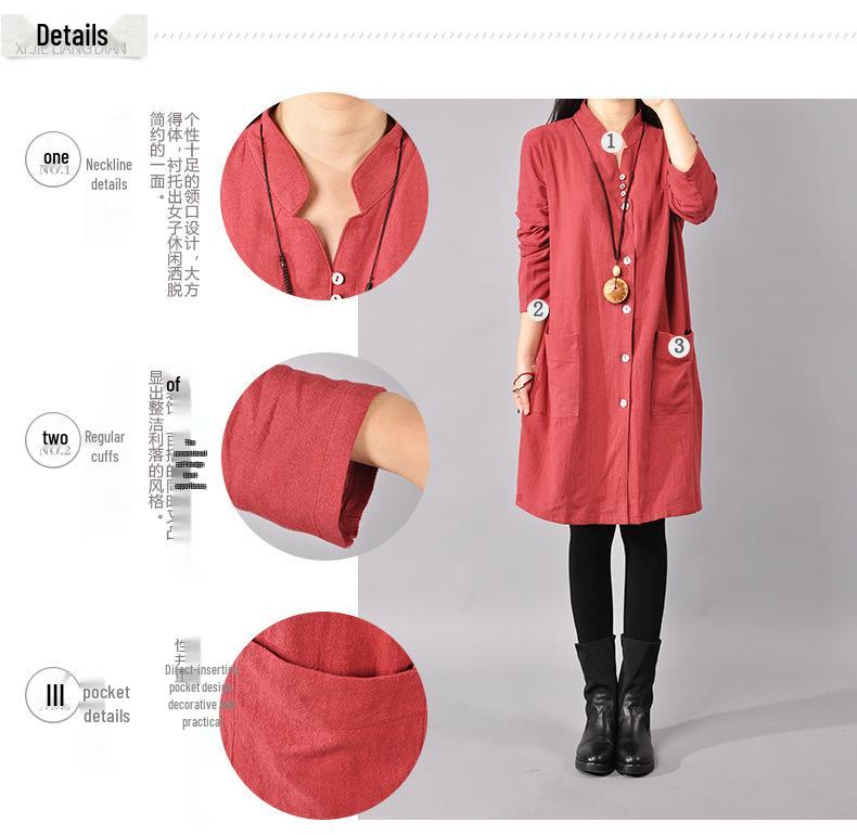 2025 Spring Korean Plus Size Women's Cotton Linen Shirt Dress with Half-Open Collar and Long Sleeves