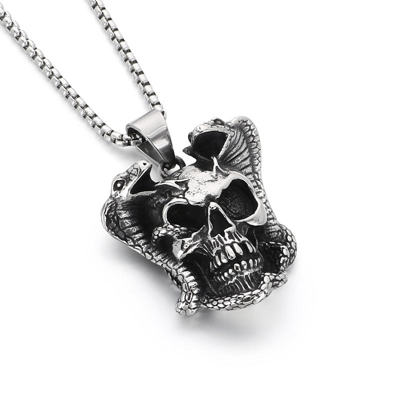Skull & Double Snake Pendant Necklace for Men Stainless Steel Vintage Gothic Punk Jewelry Retro Biker Rock Accessory Gift Pendant only