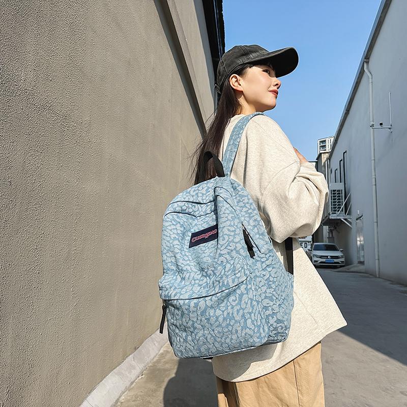 Leopard Print Denim Backpack Student Schoolbag Women Lightweight Backpack