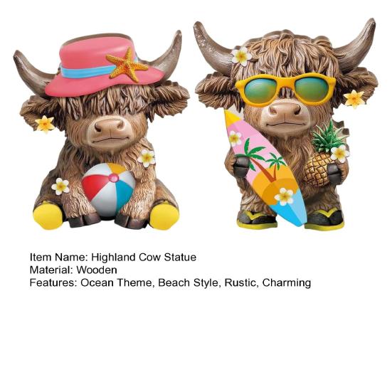 2 Piezas Figuras de Vaca de las Tierras Altas de Verano Estatua de Madera de Playa Costera Escocesa para Decoración de Mesa de Bandeja Escalonada para el Hogar Cocina