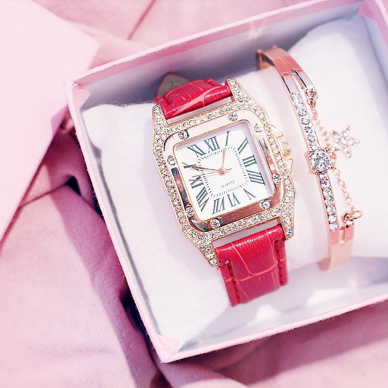 Women's Trendy Square Dial Quartz Watch with Leather Strap & Star Bangle
