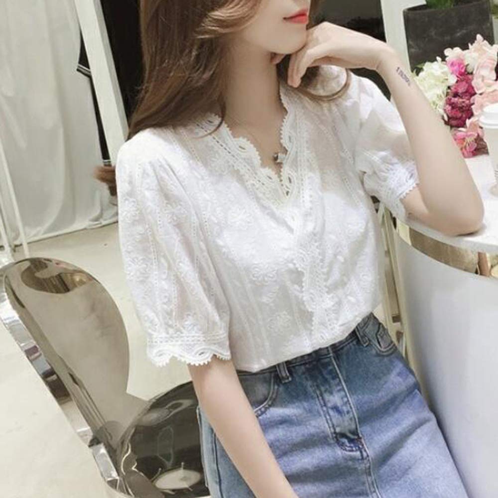 2019 Summer Embroidered Tops Cotton Fabric Blouse Embroidered Shirt Scallop Collar Short Sleeve Lace Elegant Cute Floral Pattern Thin Loose Fit