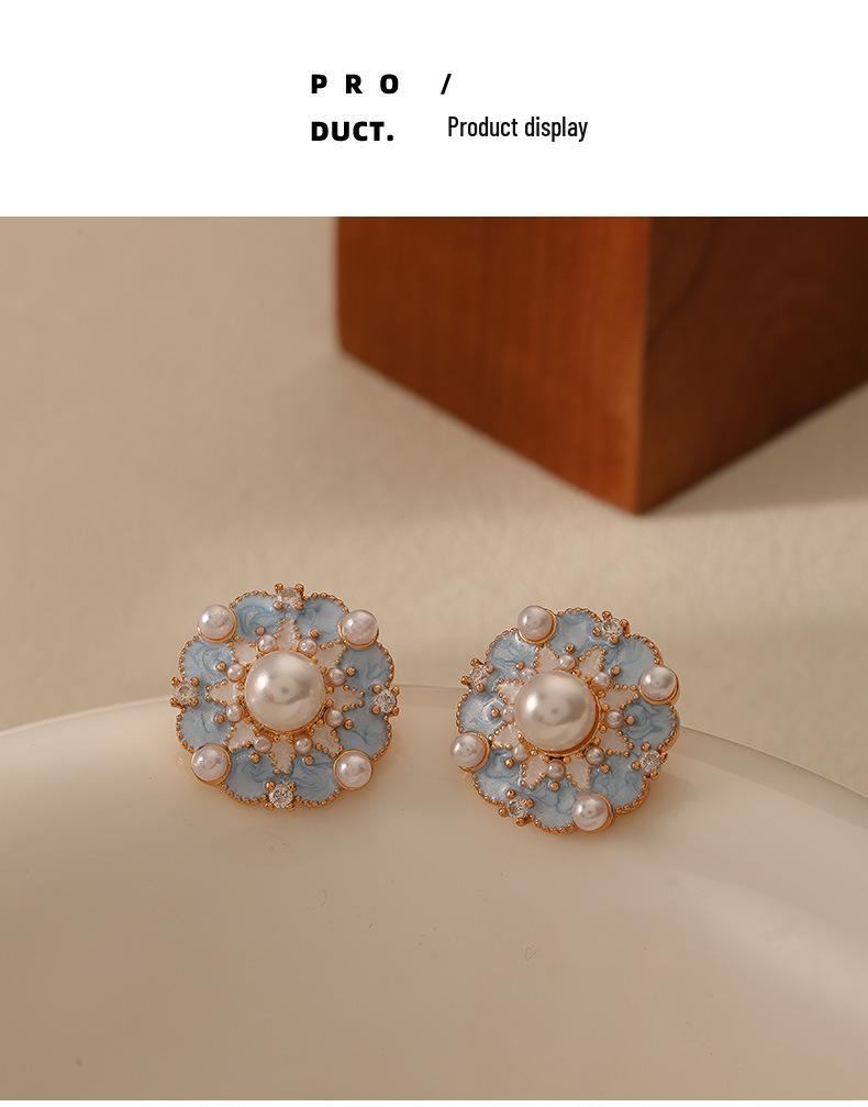 Vintage French Blue Enamel Flower Pearl Earrings - Light Luxury Retro Style for Women