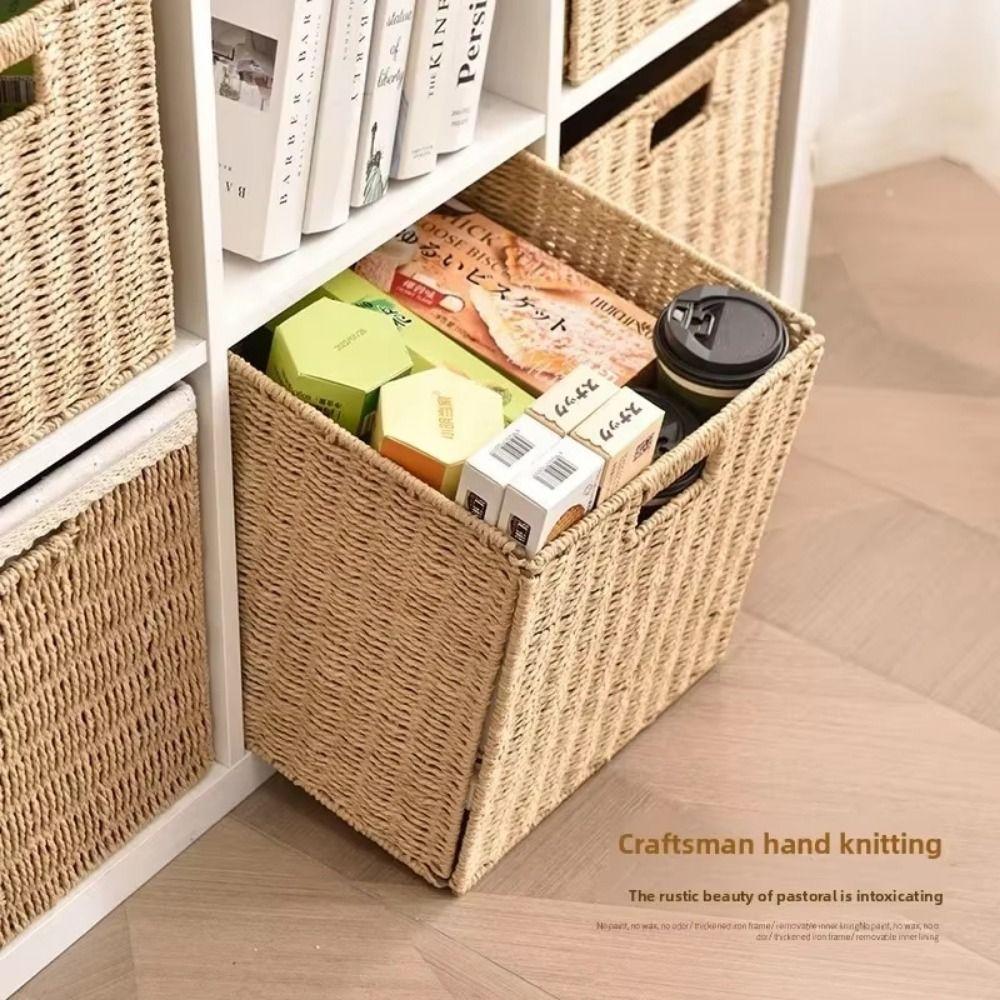 Hand Woven Foldable Storage Box Large Capacity Woven Storage Bin Imitation Rattan Basket Closet