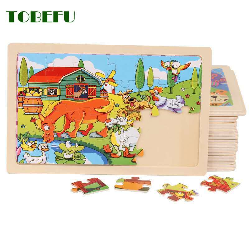 Bebek Erken Çocukluk Eğitim Oyuncakları 24 Parça Ahşap Yapboz Çocuklar İçin Karikatür Hayvan Yapbozları Çocuklar İçin Etkileşimli Oyuncak