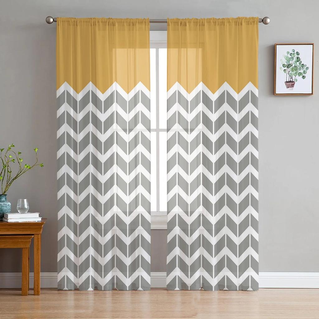 Yellow Geometric Tulle Curtains For Living Room Bedroom Kitchen Window Decor Modern Sheer Drapes